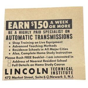 Lincoln Technical Institute Print Ad Vintage 1963 Auto Mechanic Transmissions